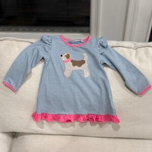 Trotter Street Kids Striped Long Sleeve Tunic with Dog Appliqué and Pink Ruffles